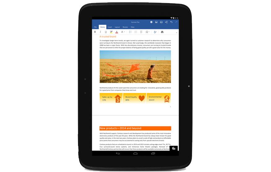 Microsoft Office now available as a free download for Android tablets